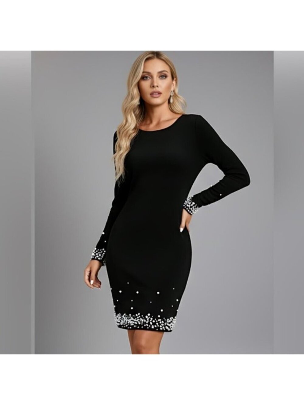 Black Faux Pearl Long Sleeve Dress